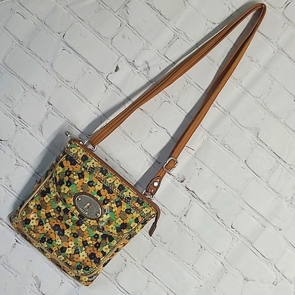 Fossil Key Per Crossbody Bag Purse Coated Canvas Floral Flower Adjustable Strap - Picture 5 of 17